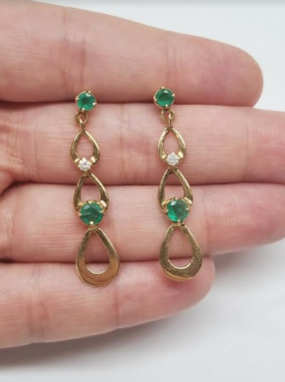14K Yellow Gold Drop Earrings with Diamonds and Emeralds