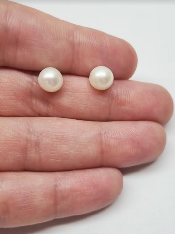 9K White Gold Pearl Earrings, Plain Pearl Stud Earrings