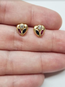 18k Yellow Gold Earrings with Red, Black and White Gemstones, Gold Jewellery